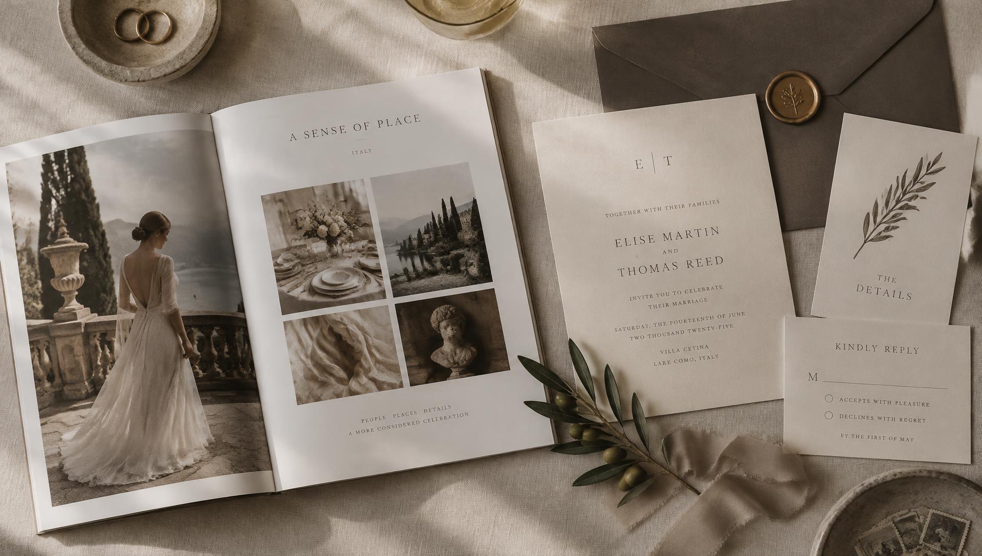 An open wedding design lookbook beside a letterpress invitation suite on linen